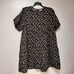 Love Olive Co Tiered Peasant Dress XXL Black Corduroy Tan Floral Puff Sleeve Mid